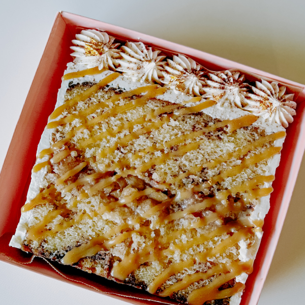 Caramel Apple Cinnamon Roll Cake Slice